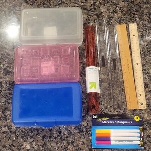Lot Of 9 Office Items, Rulers X 5   Dry Erase Markers , 3 Pencil Boxes